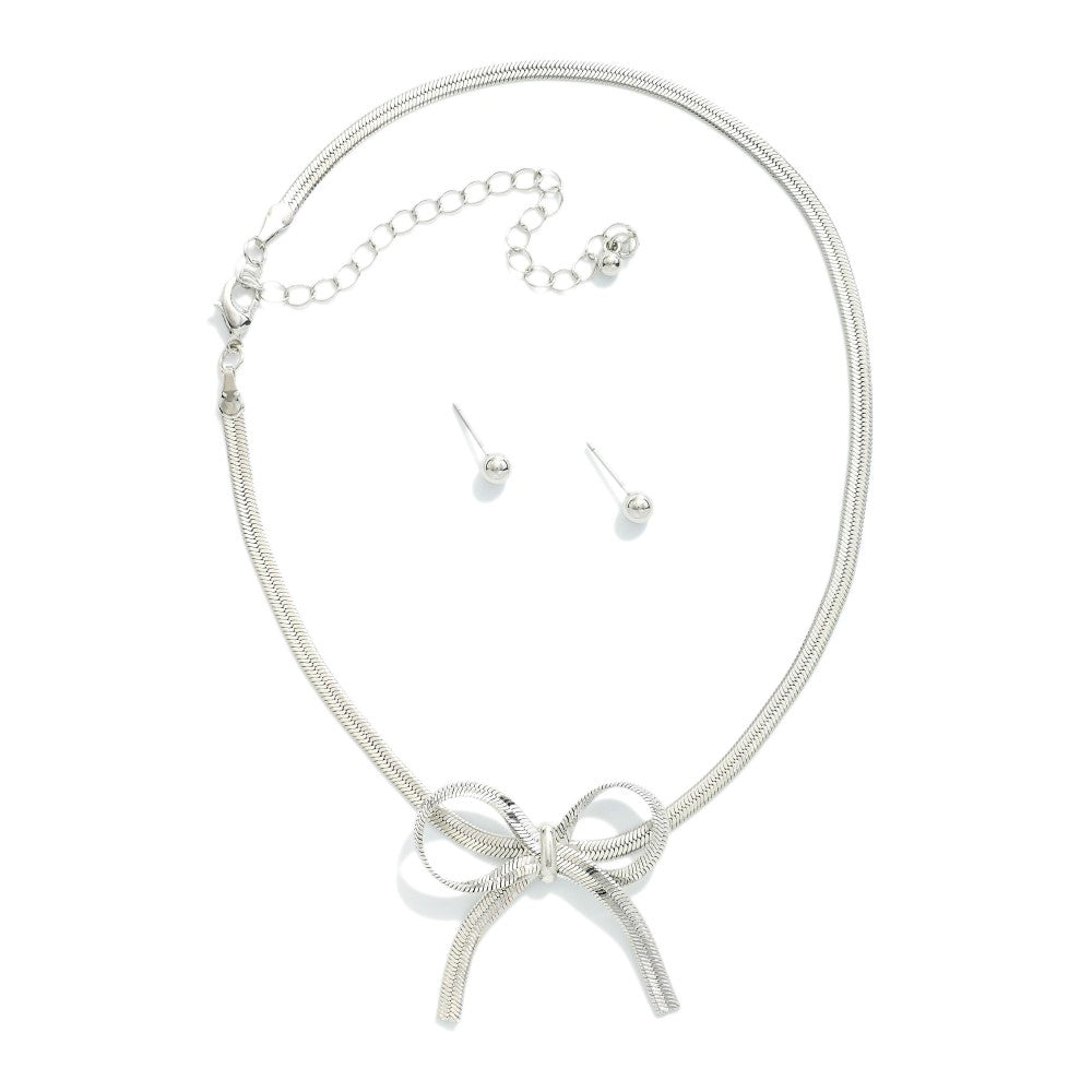 Herringbone Chain Bow Choker Necklace - Silver