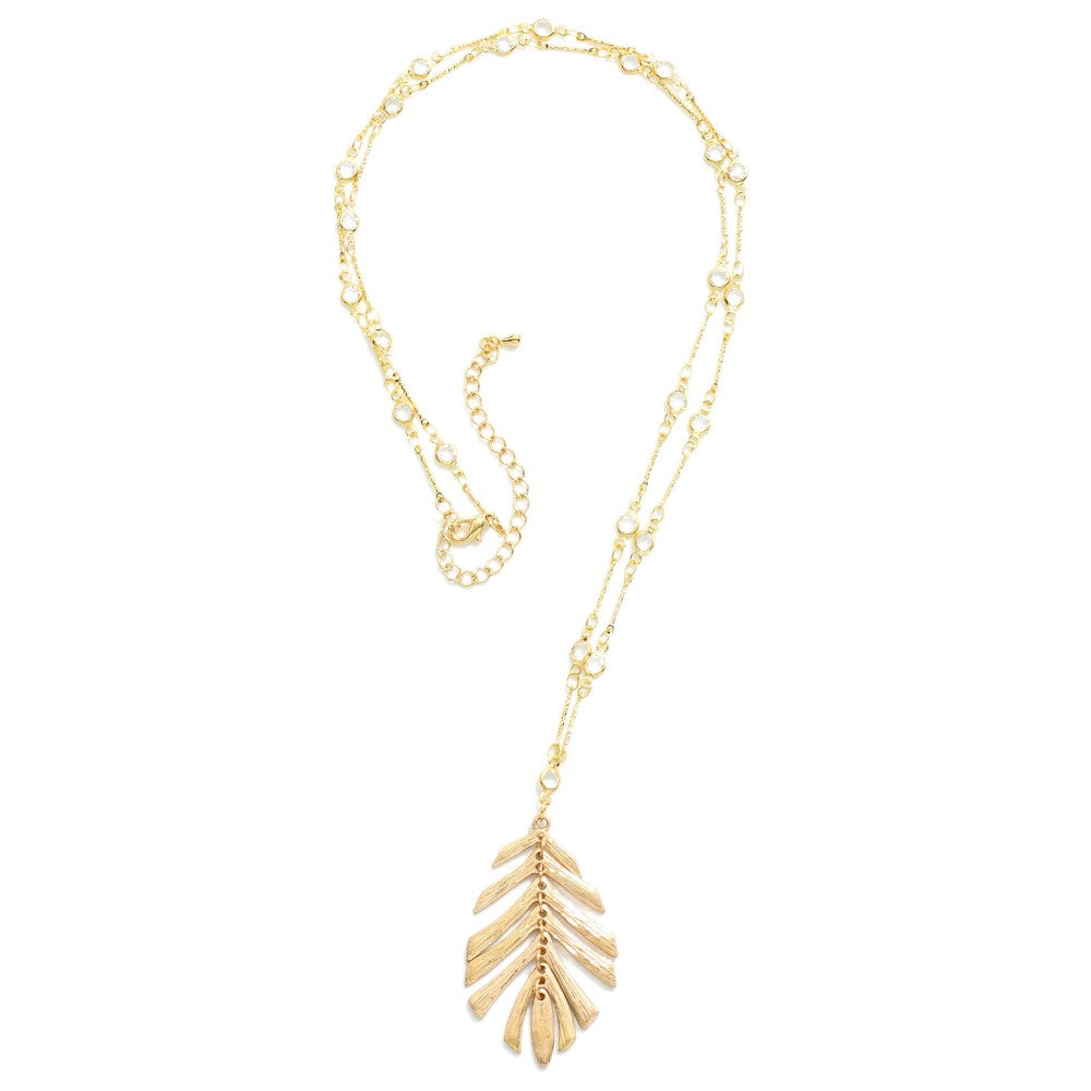 Long Bar Chain Necklace Featuring Linked Leaf Pendant and Rhinestone Stations - Gold