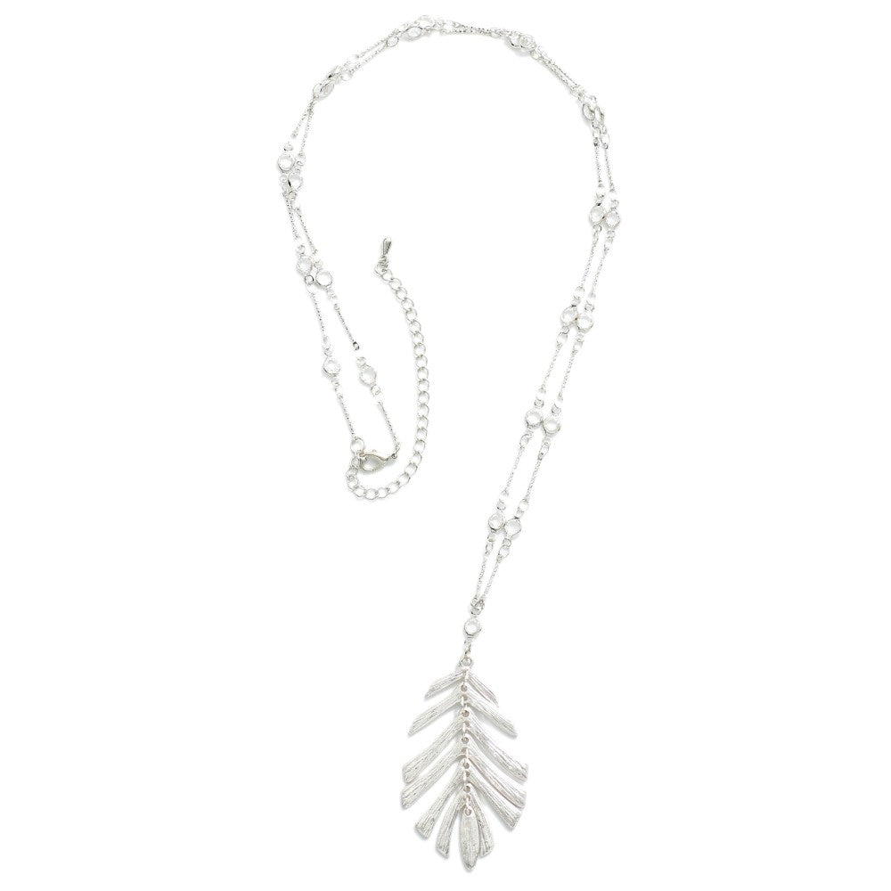 Long Bar Chain Necklace Featuring Linked Leaf Pendant and Rhinestone Stations - Silver