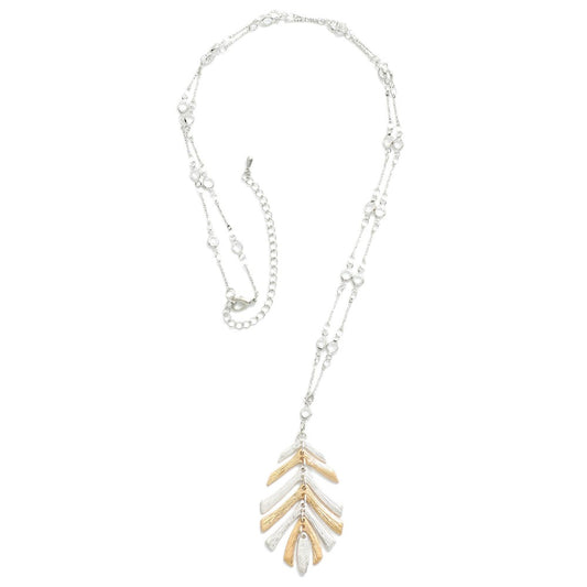 Long Bar Chain Necklace Featuring Linked Leaf Pendant and Rhinestone Stations - Silver/Gold