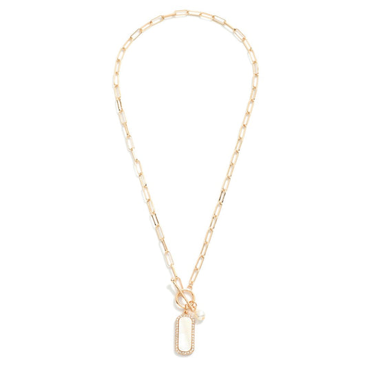 Metal Tone Paperclip Chain Link Toggle Necklace Featuring Pearlescent Rectangle Pendant - Gold