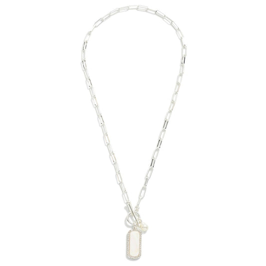 Metal Tone Paperclip Chain Link Toggle Necklace Featuring Pearlescent Rectangle Pendant - Silver