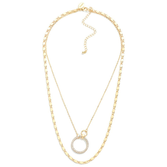 Layered Metal Chain Link Necklace Featuring Pressed Chain Links and Rhinestone Hoop Pendant - Gold