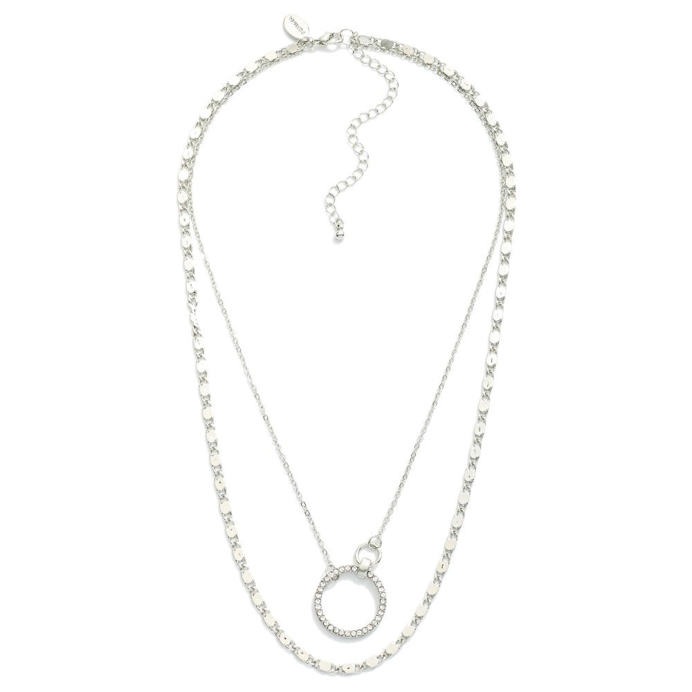 Layered Metal Chain Link Necklace Featuring Pressed Chain Links and Rhinestone Hoop Pendant - Silver