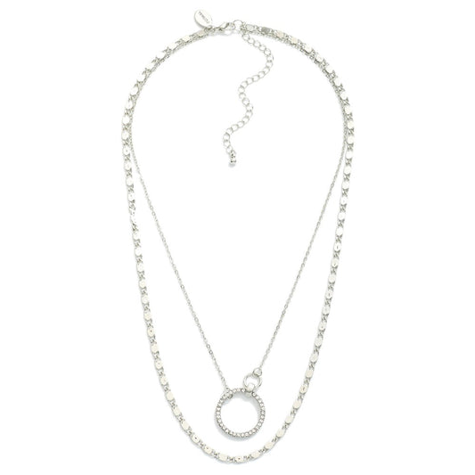 Layered Metal Chain Link Necklace Featuring Pressed Chain Links and Rhinestone Hoop Pendant - Silver