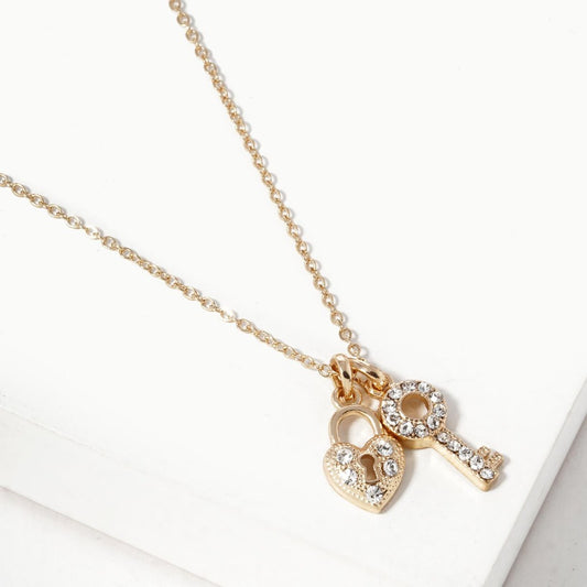 Chain Link Necklace Featuring Heart Lock & Key Pendants Featuring Rhinestone Accents