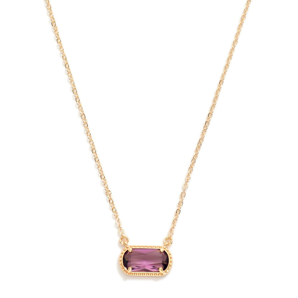 Chain Link Necklace Featuring Glass Crystal Pendant - Purple