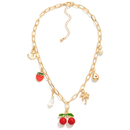 Paperclip Chain Link Necklace Featuring Fruit Charms, Metal Tones, & Glass Crystal
