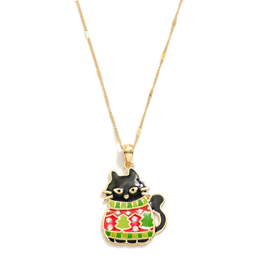 Chain Link Necklace Featuring Enamel Christmas Cat Pendant