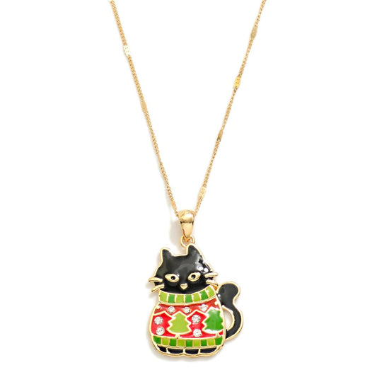 Chain Link Necklace Featuring Enamel Christmas Cat Pendant