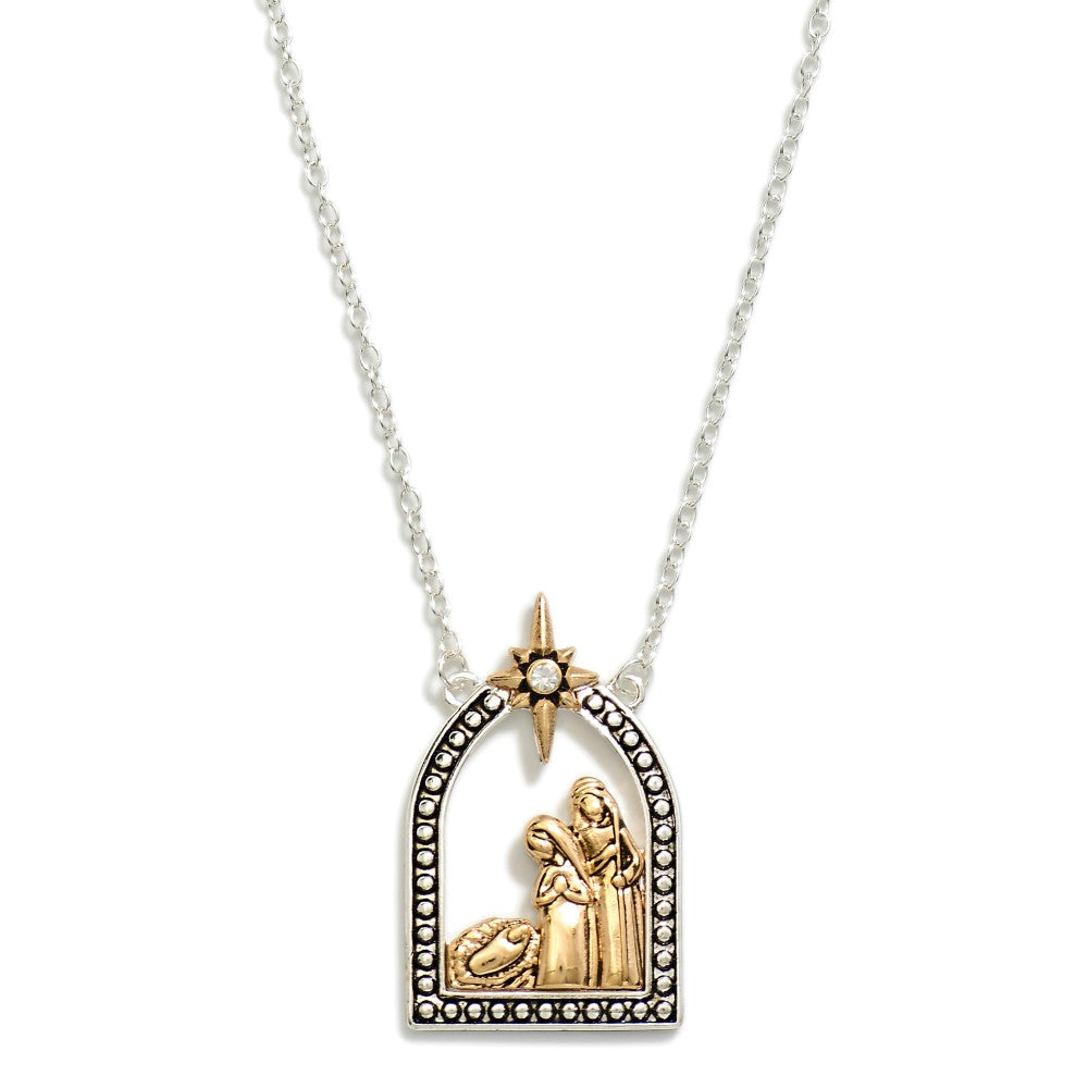 Chain Link Necklace Featuring Metal Tone Nativity Scene Pendant