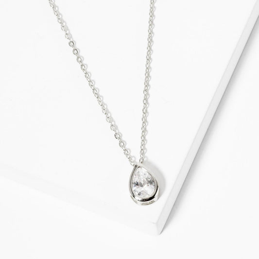 Dainty Chain Link Necklace Featuring Cubic Zirconia Teardrop Pendant - Silver