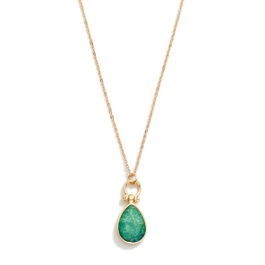 Metal Tone Chain Link Necklace Necklace Featuring Glittery Stone Teardrop Pendent - Green