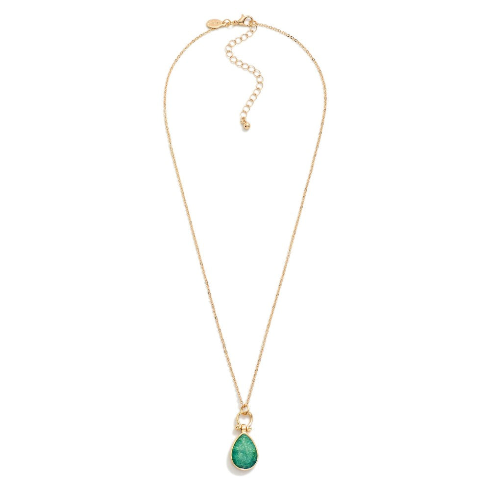 Metal Tone Chain Link Necklace Necklace Featuring Glittery Stone Teardrop Pendent - Green