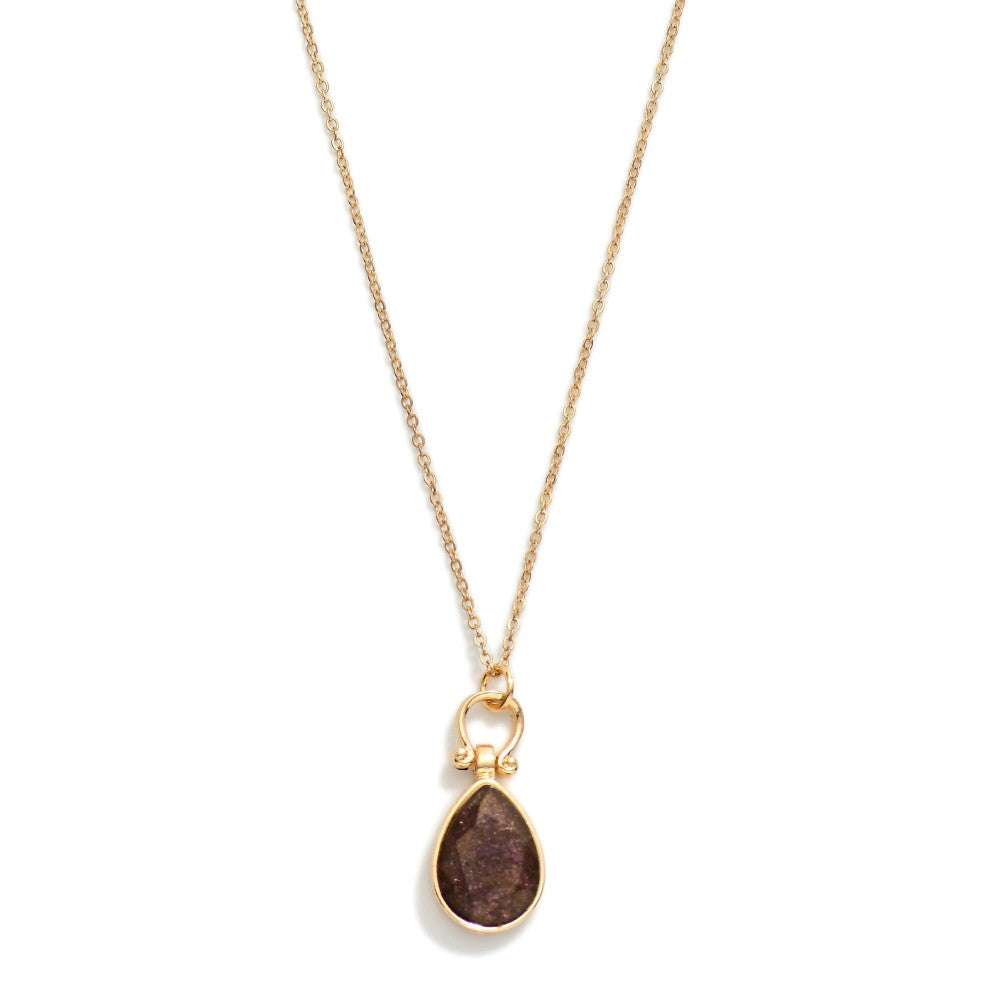 Metal Tone Chain Link Necklace Necklace Featuring Glittery Stone Teardrop Pendent - Purple