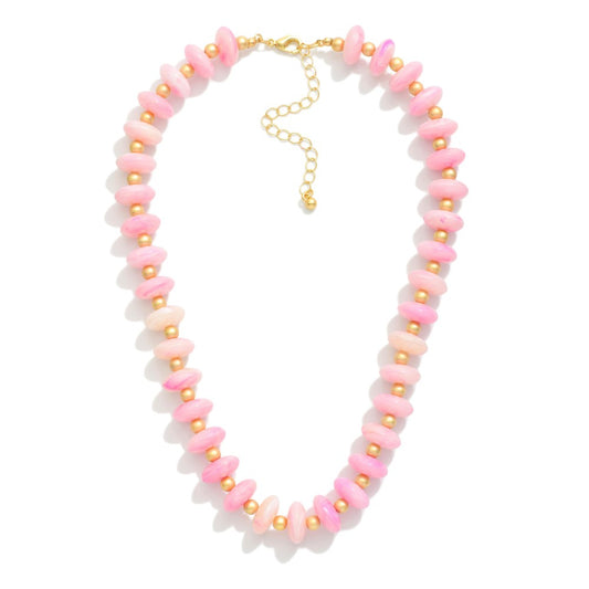 Candy Stone Beaded Necklace Featuring Gold Tone Ball Stations - Pink