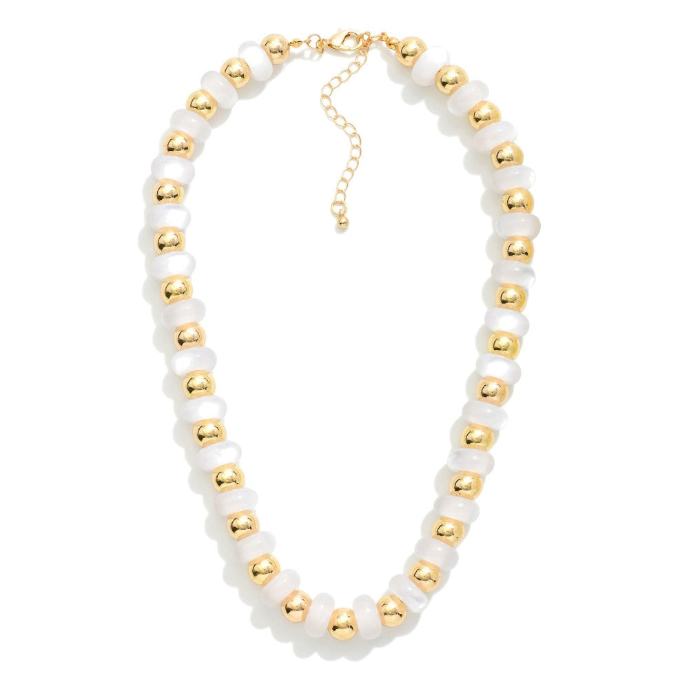 Candy Bead Beaded Necklace Featuring Gold Tone Beads - White