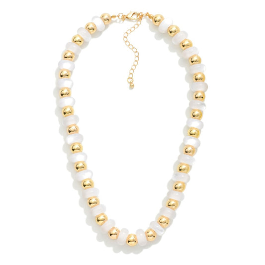 Candy Bead Beaded Necklace Featuring Gold Tone Beads - White