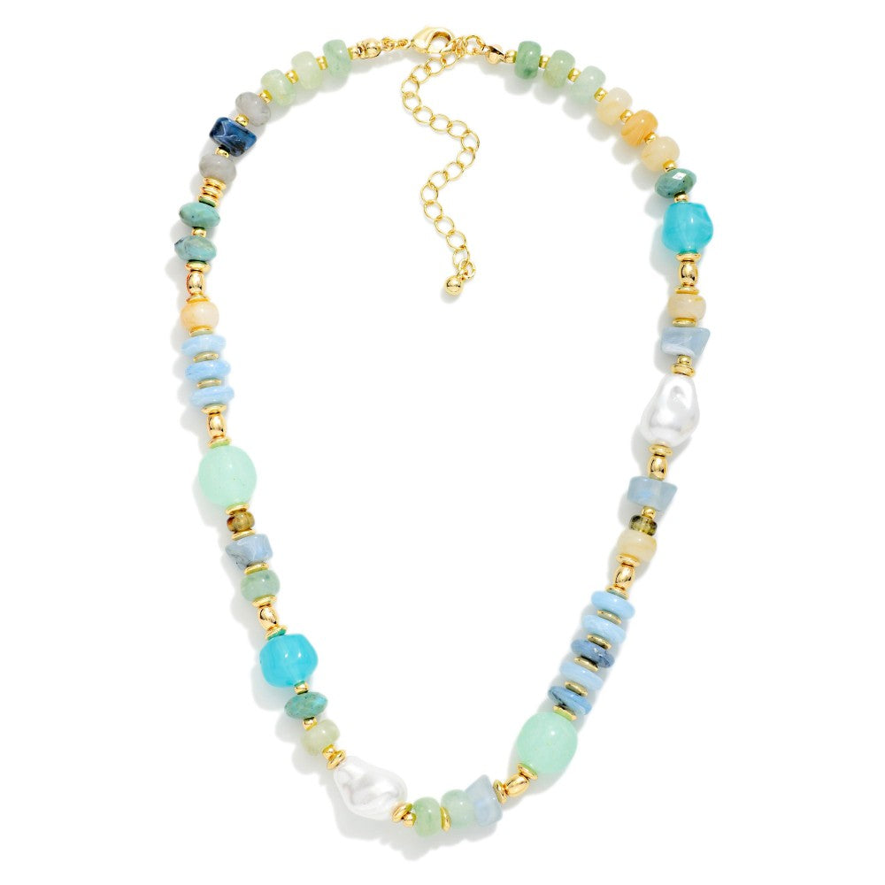 Multi Stone Beaded Necklace With Baroque Pearl Details - Sapphire