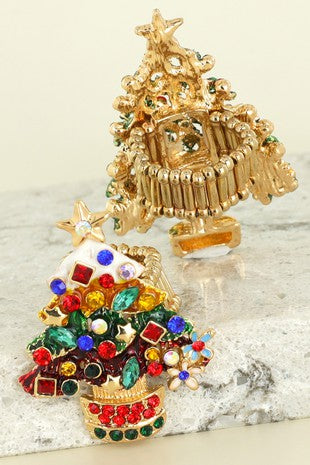Christmas Tree Rhinestone Jeweled Cocktail Ring