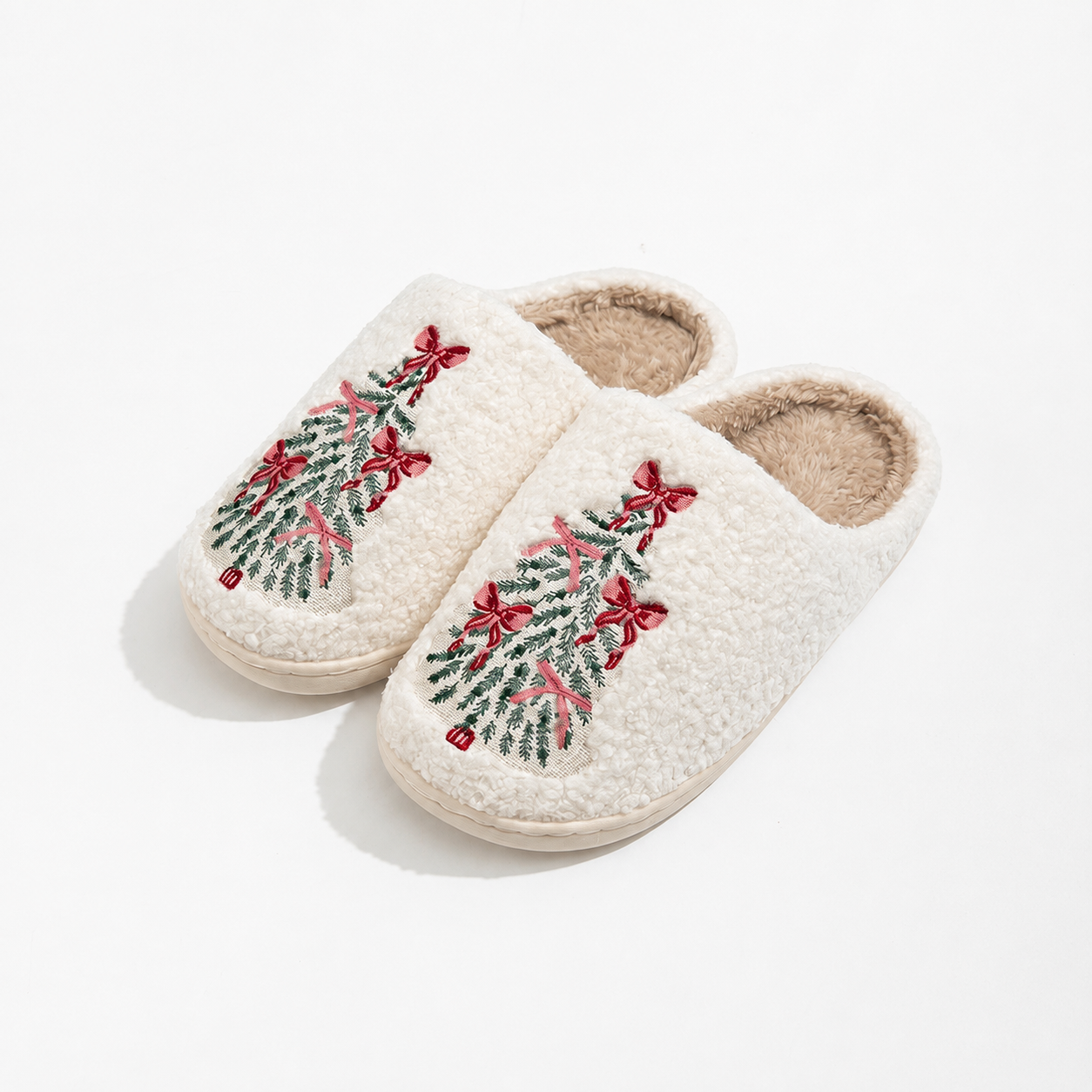 SOLMERE Christmas Tree Bow Slippers Womens Plush Holiday M/L (8-10)