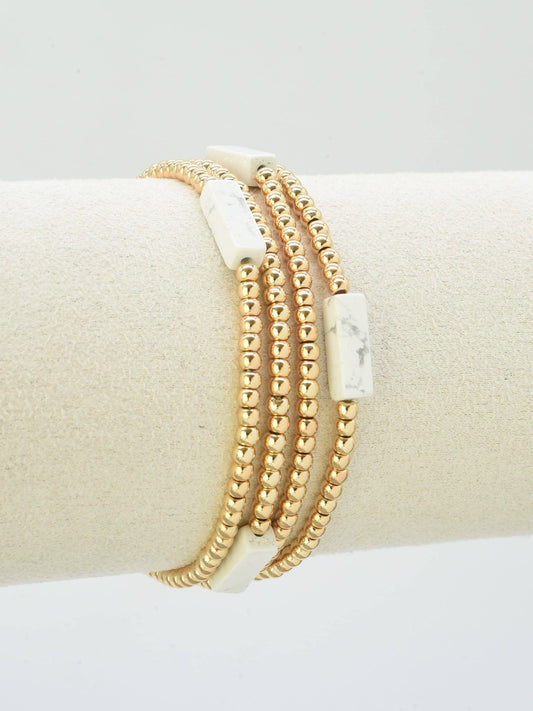 White and Gold Semi Precious Beaded Stretch Bracelet Stack Set of 4