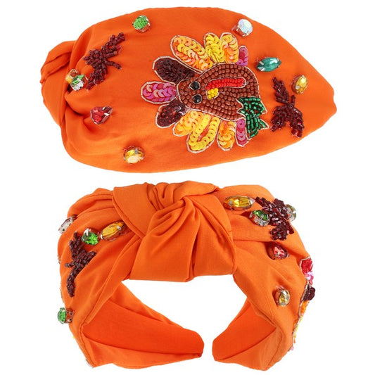 Thanksgiving Turkey Fall Jeweled Top Knotted Headband