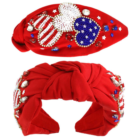 USA Patriotic Star Pattern Jeweled Beaded Headband - Red