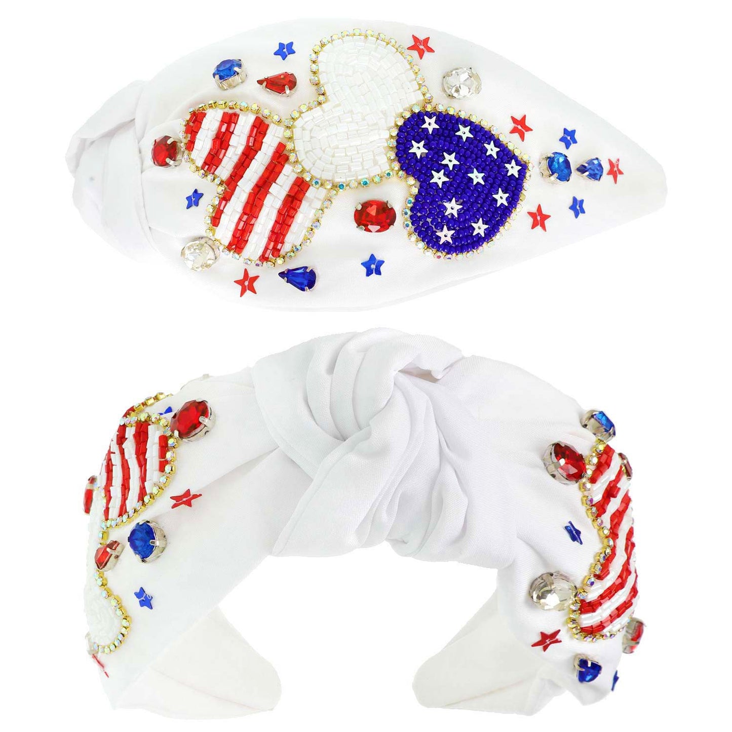 USA Patriotic Star Pattern Jeweled Beaded Headband - White