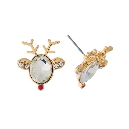 Gold tone Christmas Reindeer Stud Earrings With a Clear Rhinestone Face