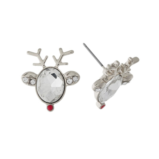 Christmas Silver tone Reindeer Stud Earrings With a Clear Rhinestone Face