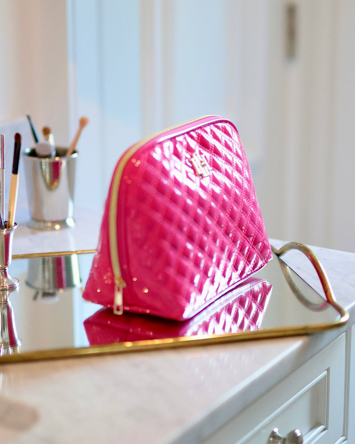Caroline Hill Capri Large Hot Pink Patent Makeup Bag