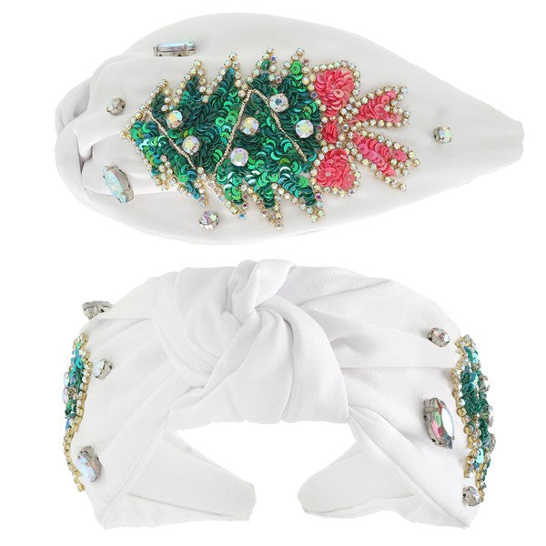 Christmas Tree Jeweled Sequin Bow Top Knotted Headband - White