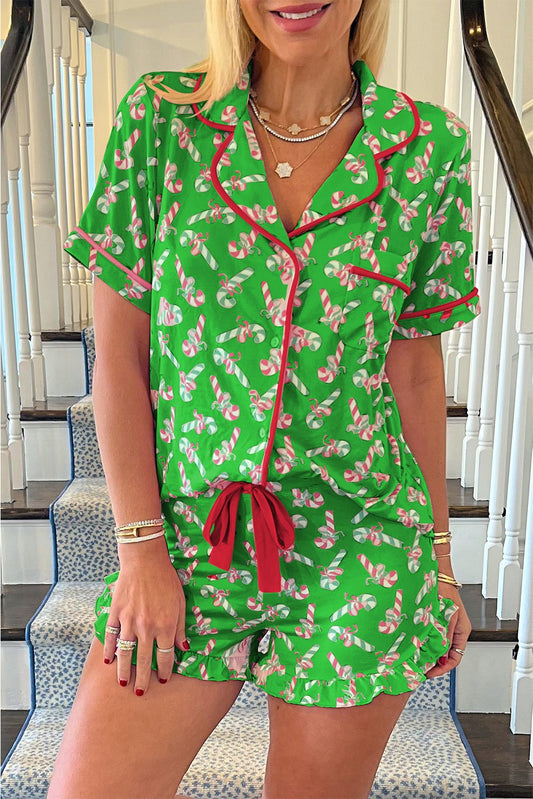 Christmas Candy Cane Print Pajama Set - Green