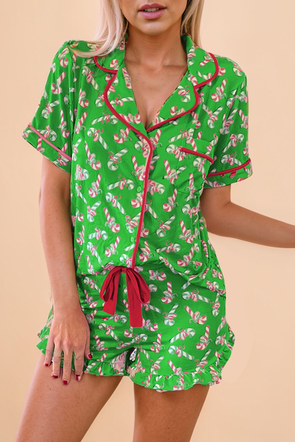 Christmas Candy Cane Print Pajama Set - Green