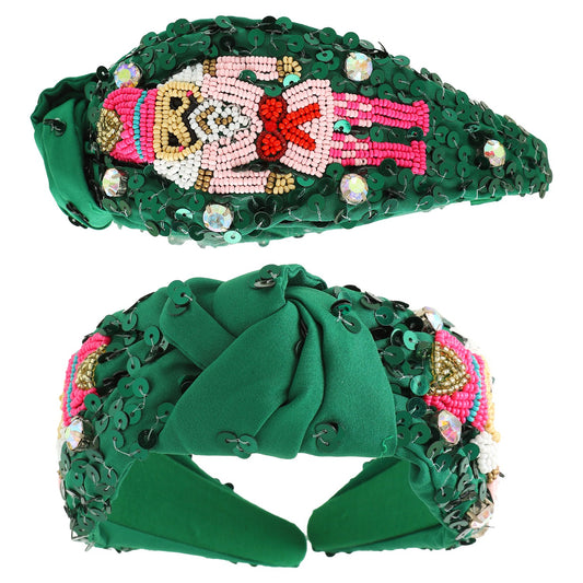 Nutcracker Christmas Jeweled Top Knotted Headband - Green