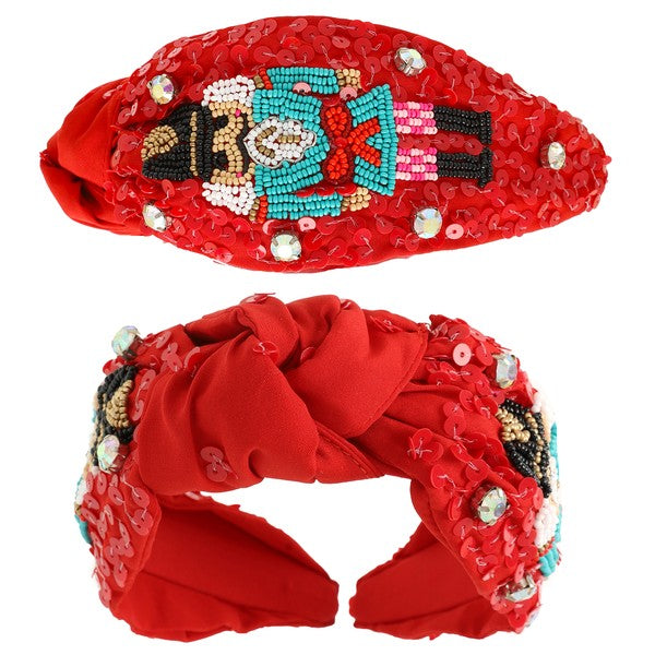 Nutcracker Christmas Jeweled Top Knotted Headband - Red