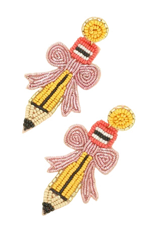 Pencil With Bow Beaded Earrings