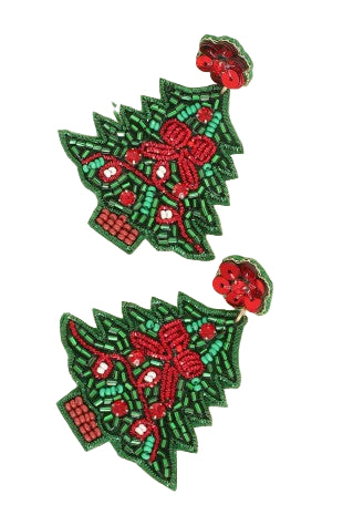Christmas Tree Bow Seed Beaded Post Earrings - Green