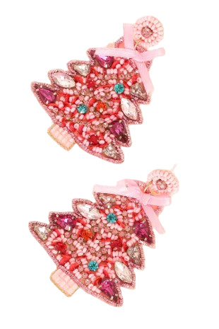 Christmas Tree Seed Beaded Post Earrings - Pink
