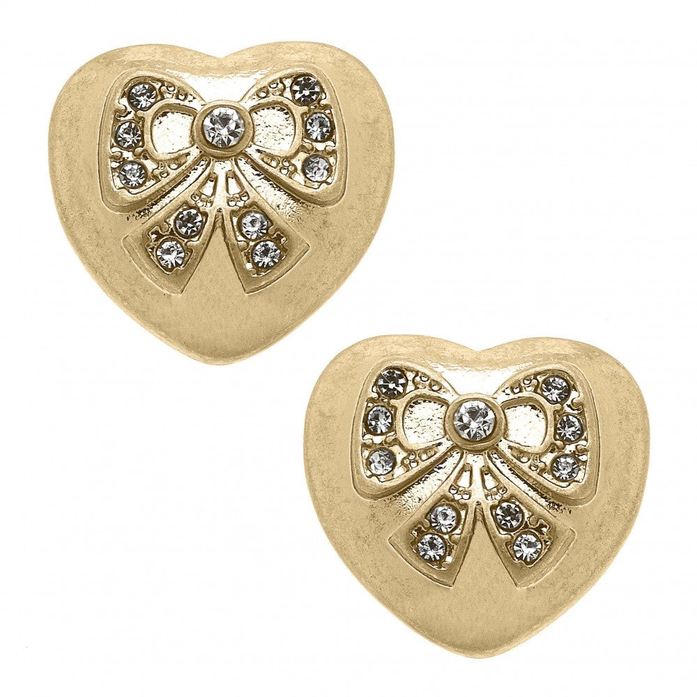 Crystal Bow Set Into Gold Tone Heart Stud