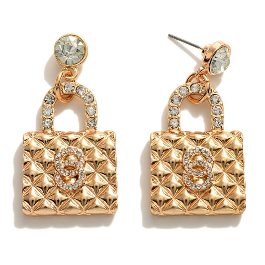 Double Circle Rhinestone Handbag Drop Earrings - Gold