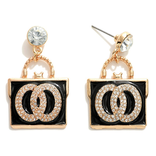 Double Circle Pearl and Enamel Handbag Drop Earrings with Rhinestone Stud Accents