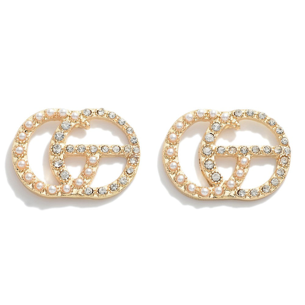 Gold Tone Double Circle Stud Earrings Featuring Pearl and Rhinestone Accents.