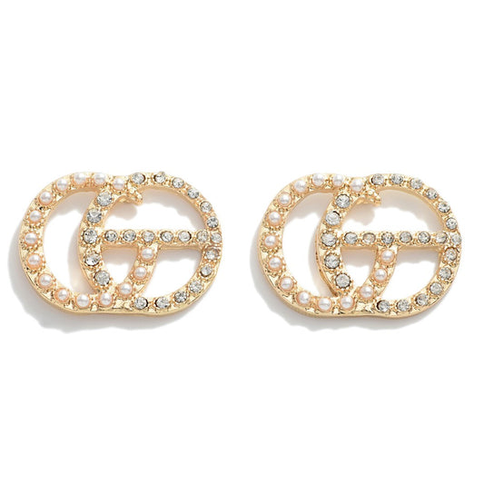 Gold Tone Double Circle Stud Earrings Featuring Pearl and Rhinestone Accents.