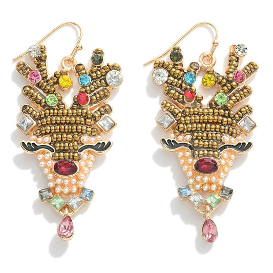 Seed Bead and Rhinestone Reindeer Drop Earrings