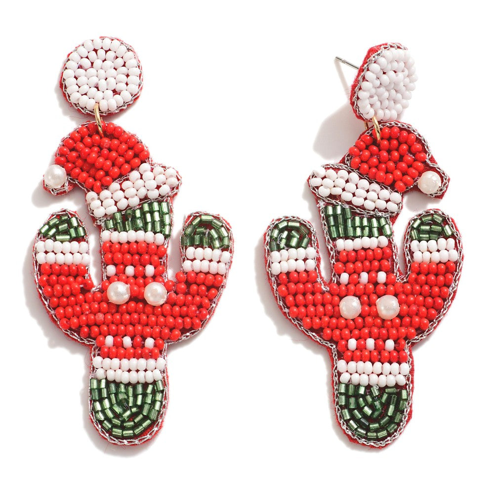 Christmas Cactus Drop Earrings With Santa Hat