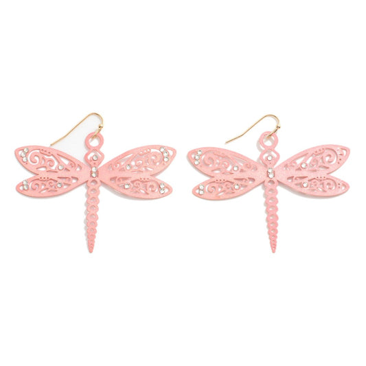 Metal Dragonfly Drop Earring With Rhinestone Accents
