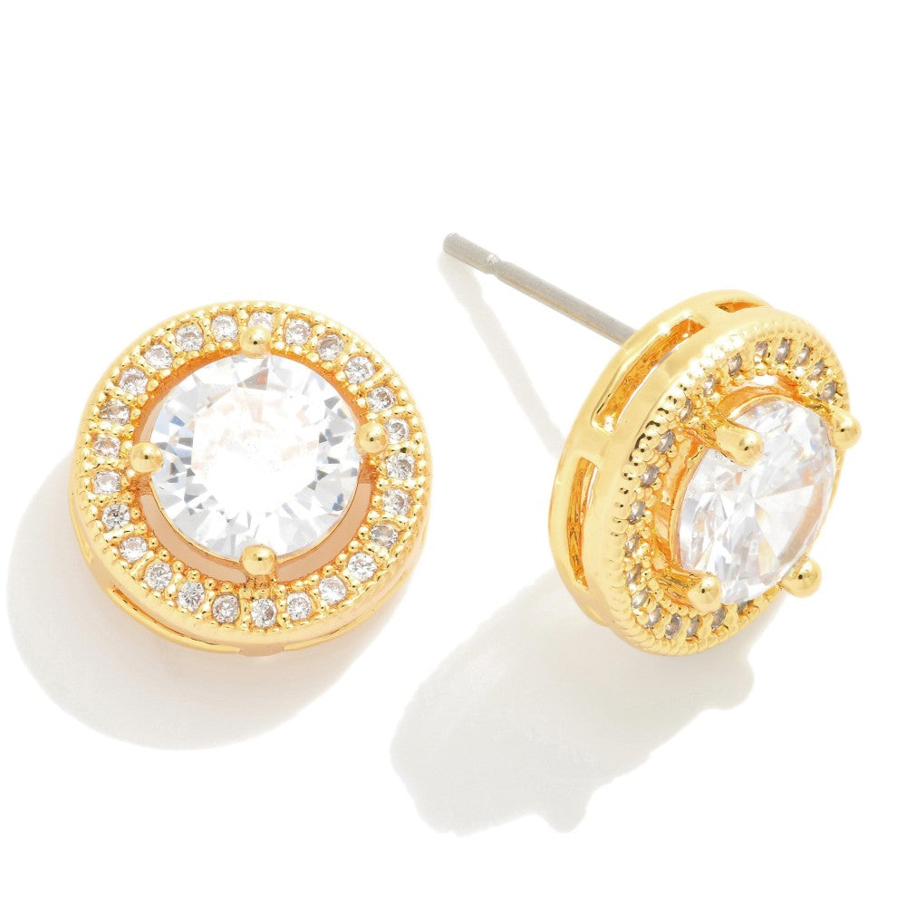 Circular Stud Earrings Featuring Round Stone With Pave Accent - Gold