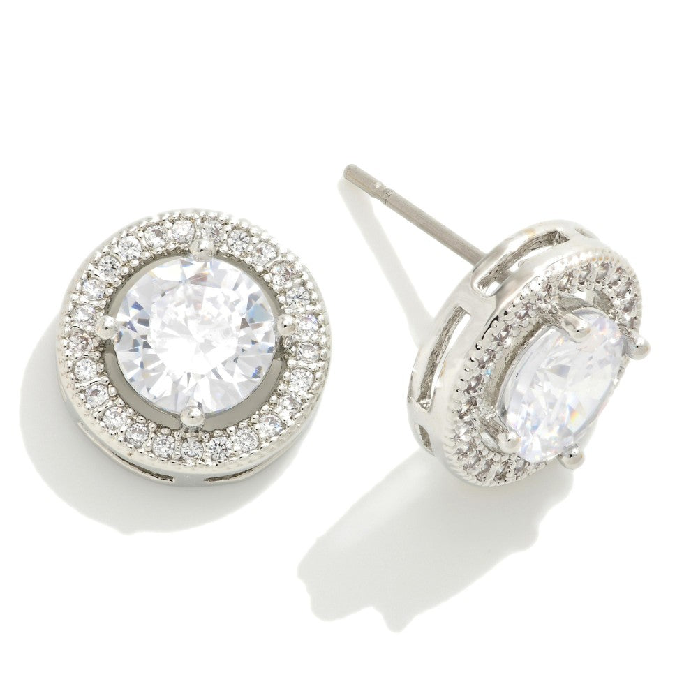 Circular Stud Earrings Featuring Round Stone With Pave Accent - Silver